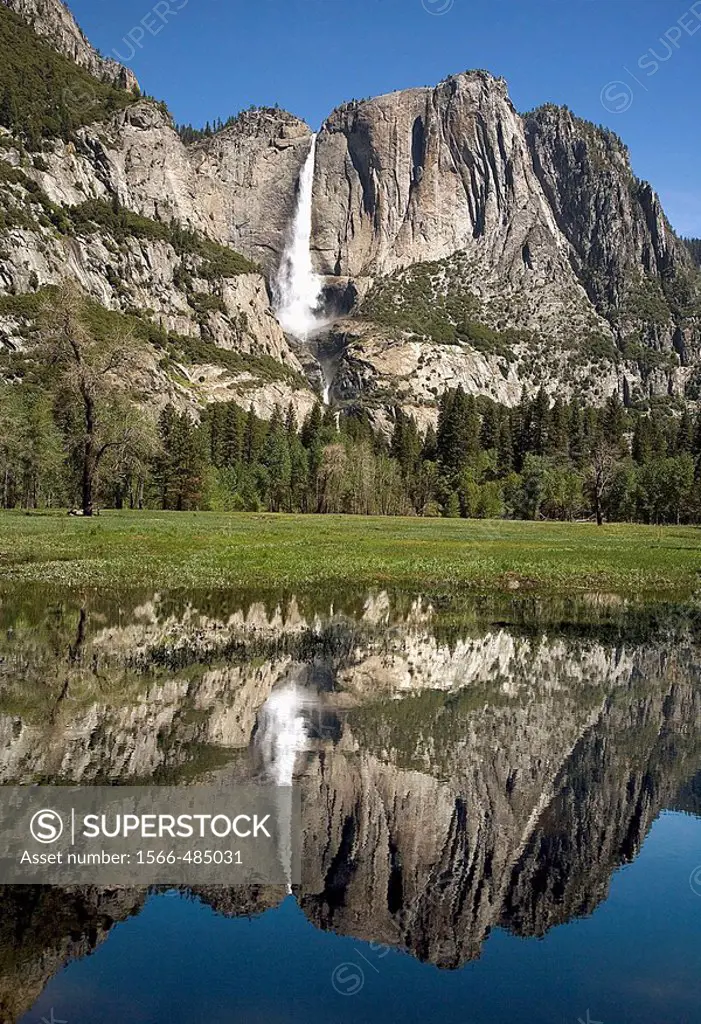 YOSEMITE FALLS IS REFLECTED IN AN OVERFLOW POND OF THE MERCED RIVER DURING THE SPRING SNOWMELT IN YOSEMITE NATIONAL PARK, CALIFORNIA