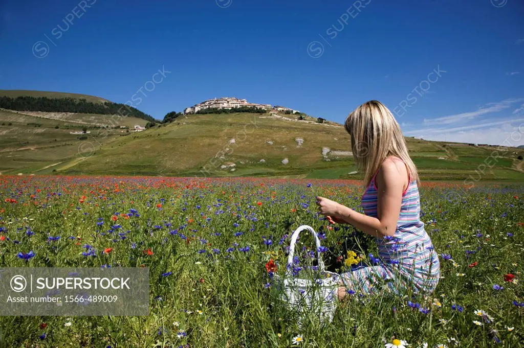 Italy, Umbria, Norcia, Castelluccio di Norcia, Woman in poppies field