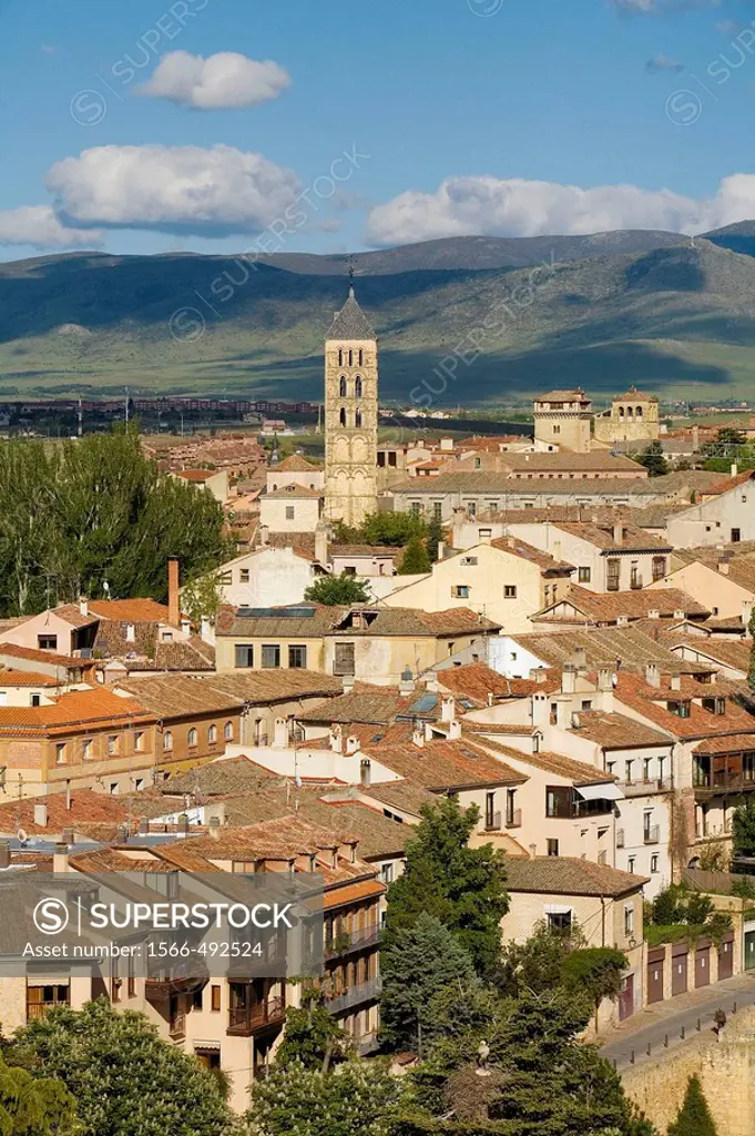 Overview of town with church of San Esteban, Segovia. Castilla-Leon, Spain