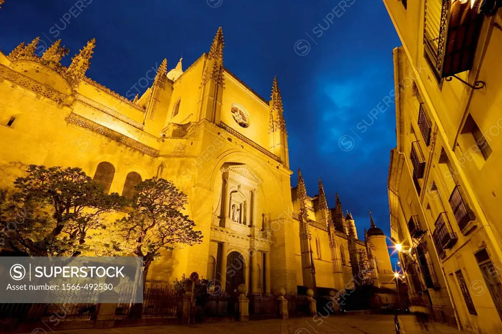 Marques del Arco street and Cathedral at night, Segovia. Castilla-Leon, Spain