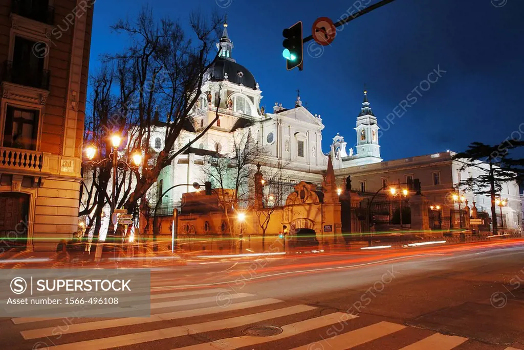 Bailén street and the Almudena cathedral, night view. Madrid, Spain.