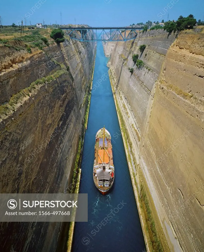 Overview of a cargo crossing the Corinth canal, Peloponnese, Greece