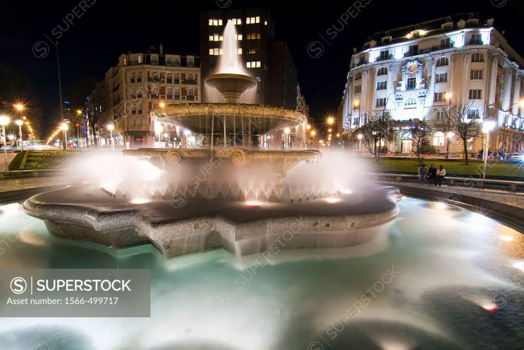Carlton hotel and fountain in the square Moyua of Bilbao, Biscay, Basque Country, Spain.