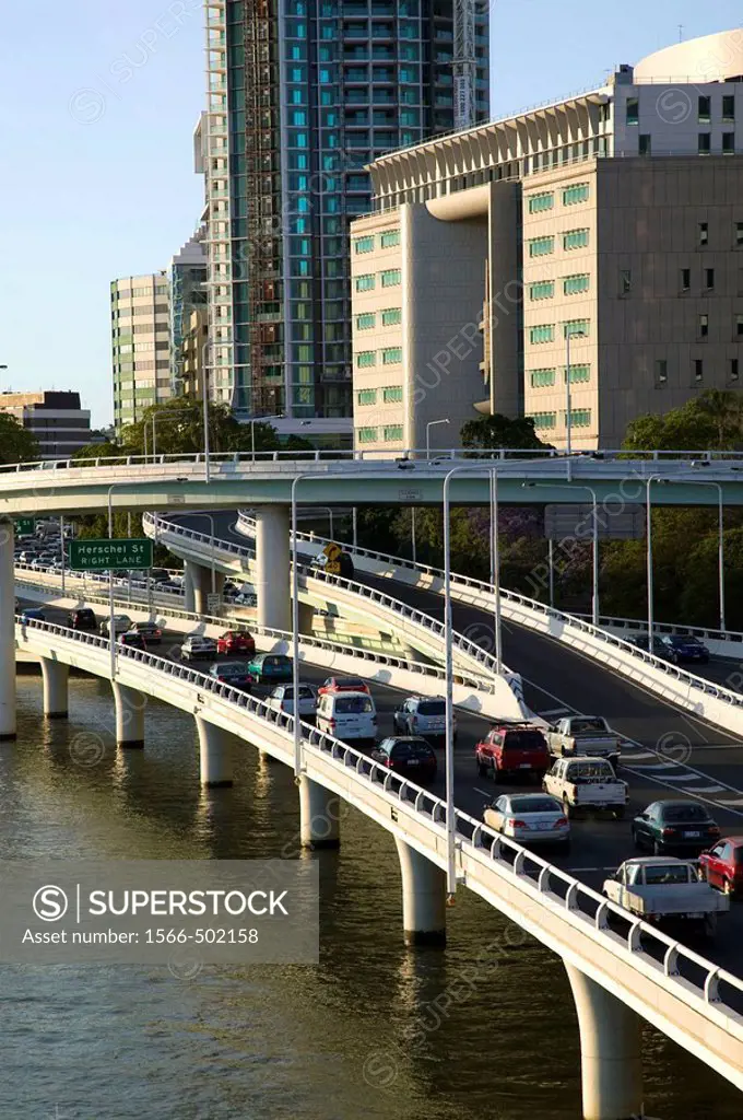 Australia - Queensland - Brisbane: Rush Hour Traffic along the Riverside Expressway