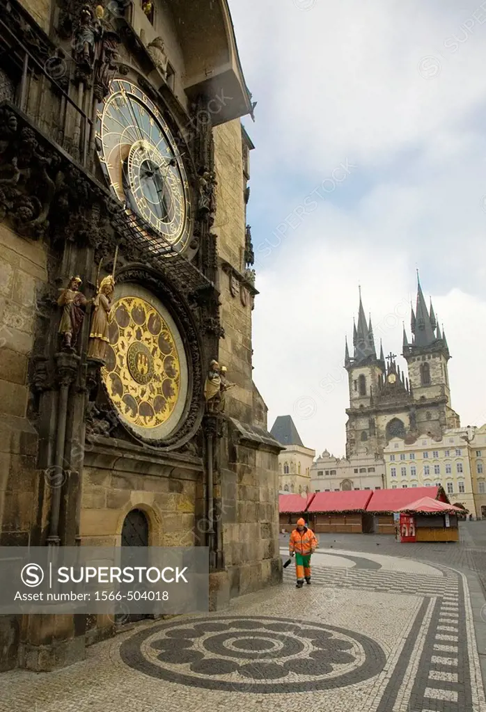 Astronomical clock on the Old Town City Hall and Tyn church, Staromestske Namesti (Old Town Square), Prague, Czech Republic.