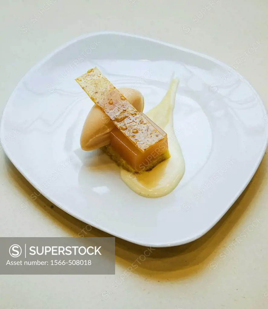 One of the specialities of the Espai Sucre made from St Simon´s cheese cream, green olive´s cream and peach ice cream, Barcelona, Catalonia, Spain