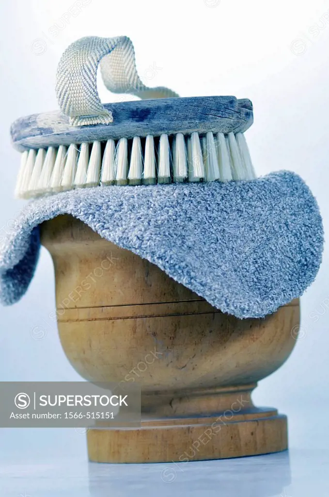 Bowl of Bath Supplies, Brush and Bath Mitt