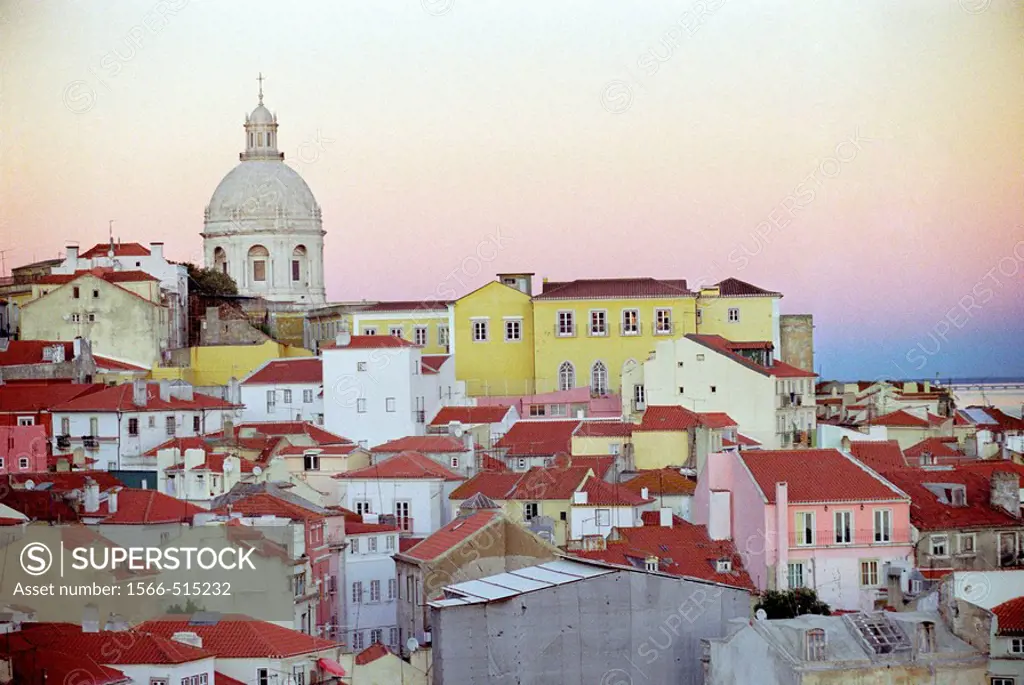 View on Alfama Quarter with National Pantheon of Santa Engracia in Background from Largo das Porta do Sol Viewpoint Lisbon Portugal