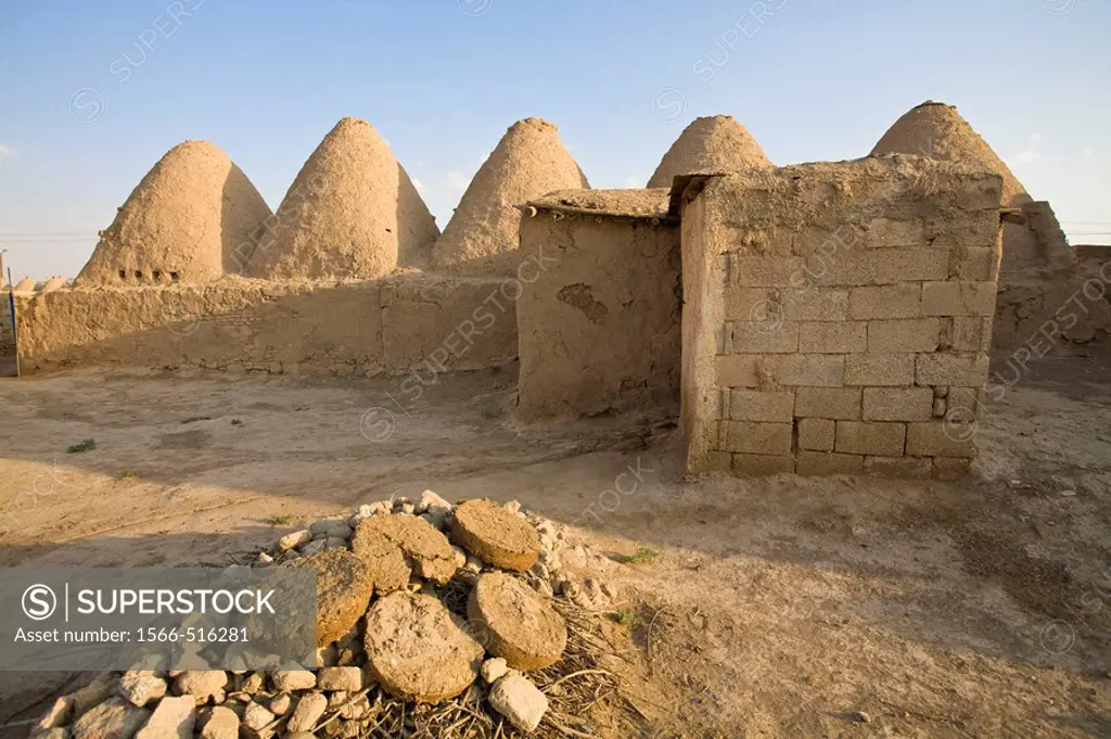 Traditional mud brick ´beehive´ houses and cow dung patties used for fuel in winter, Harran, Anatolia, Turkey