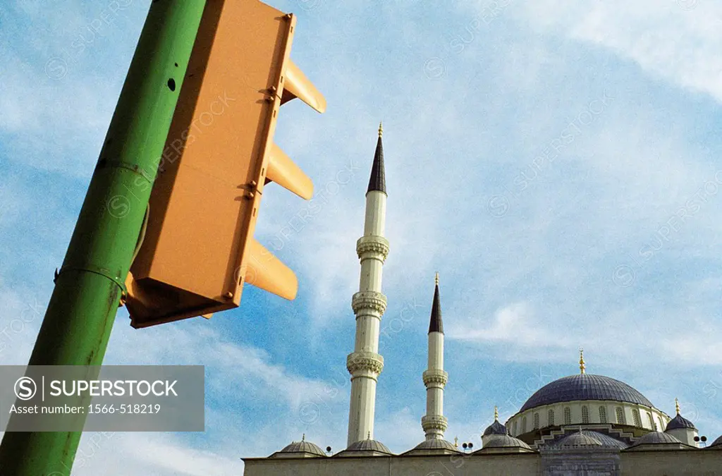 View of a semaphore and Minarets from Kocatepe Camii, the religious symbol of Ankara
