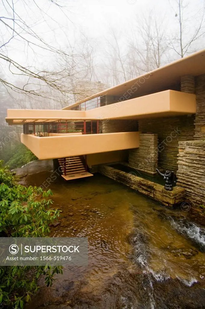 An approach side view of Fallingwater shows the home´s famous cantilevered balconies and a sculpture by Lipchitz (lower right). Also known as the Edga...