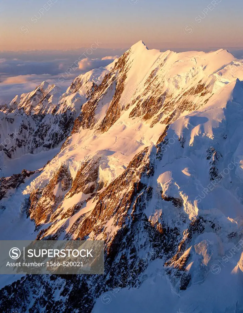 Aoraki / Mount Cook Hooker and South faces and Grand Traverse at sunset aerial view New Zealand