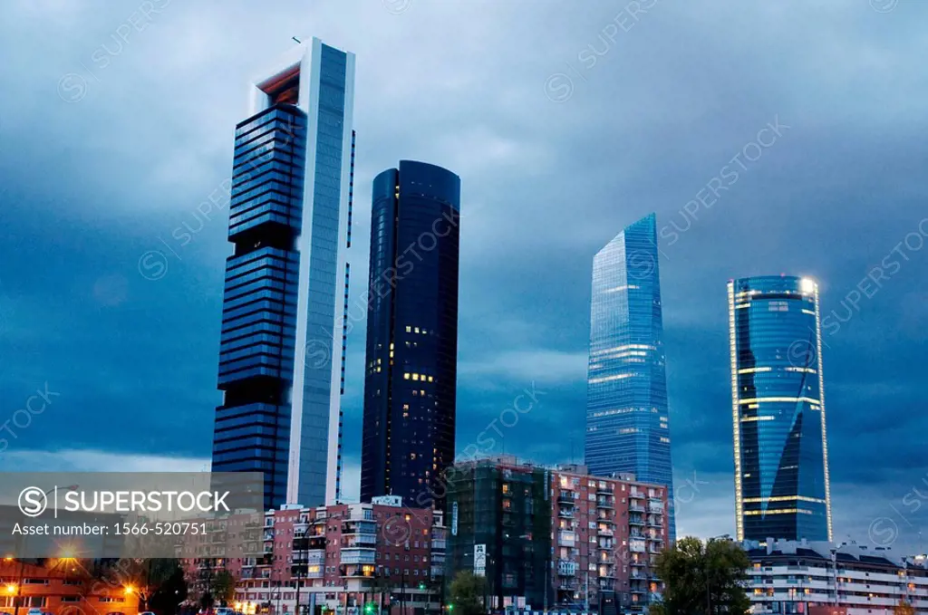 Cuatro Torres Business Area at evening. Madrid, Spain.