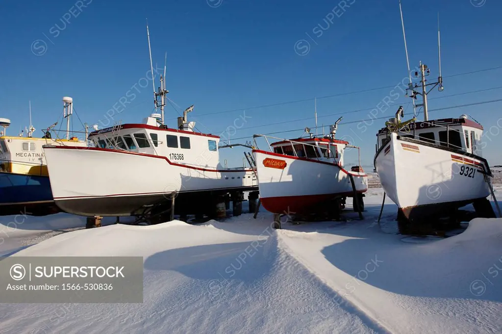 Boats in dry dock, por of Etang-du-Nord, Grindstone island, Magdalen Islands, Quebec, Canada