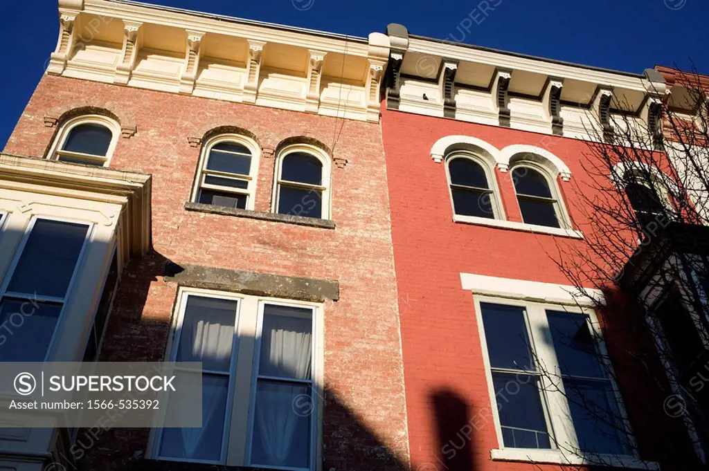 Victorian brick buildings on Main Street, Hudson, New York, USA