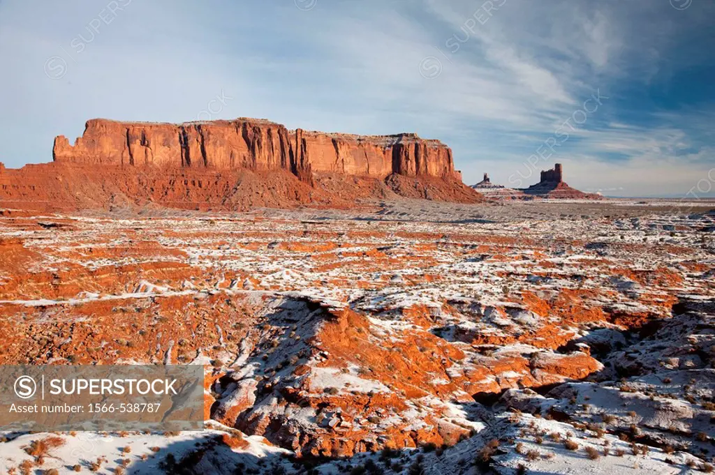 Monument Valley in the snow in the morning, Monument Valley Navajo Tribal Park, Arizona, USA