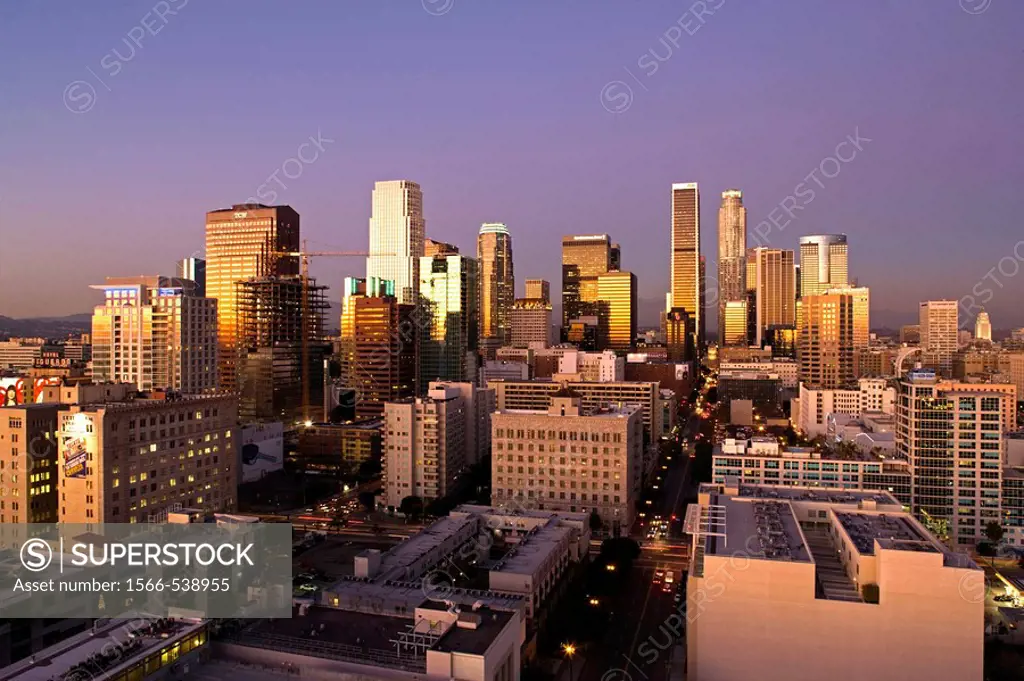 Aerial view of downtown from West 11th Street at dusk, Los Angeles, California, USA