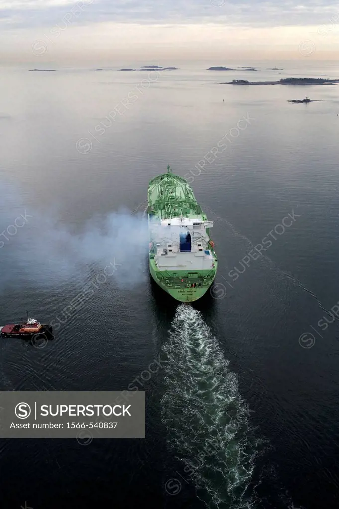 LNG (Liquified Natural Gas) tanker aerial view, Boston harbor, Massachusetts, USA