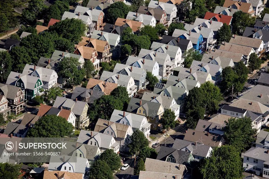 Aerial view housing rows, Somerville, Massachusetts, USA