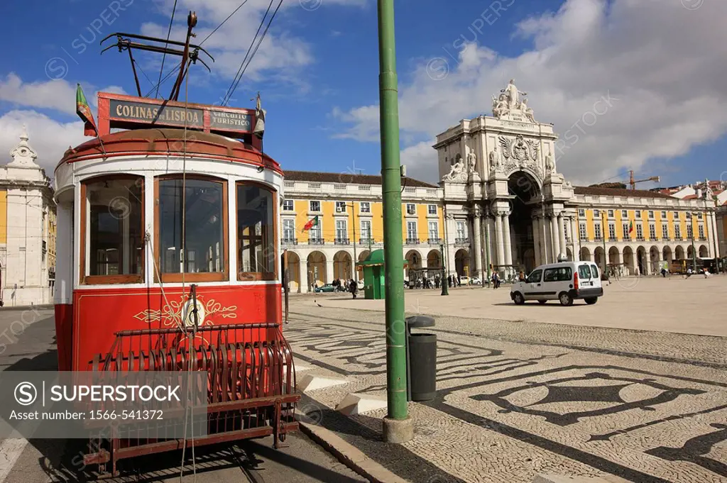 Electric tramway in Praça do Comercio square, Lisbon, Portugal