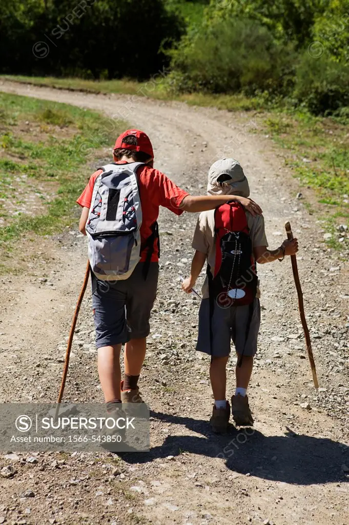 Children walking along a route in Liébana valley  Picos De Europa National Park  Cantabria  Spain