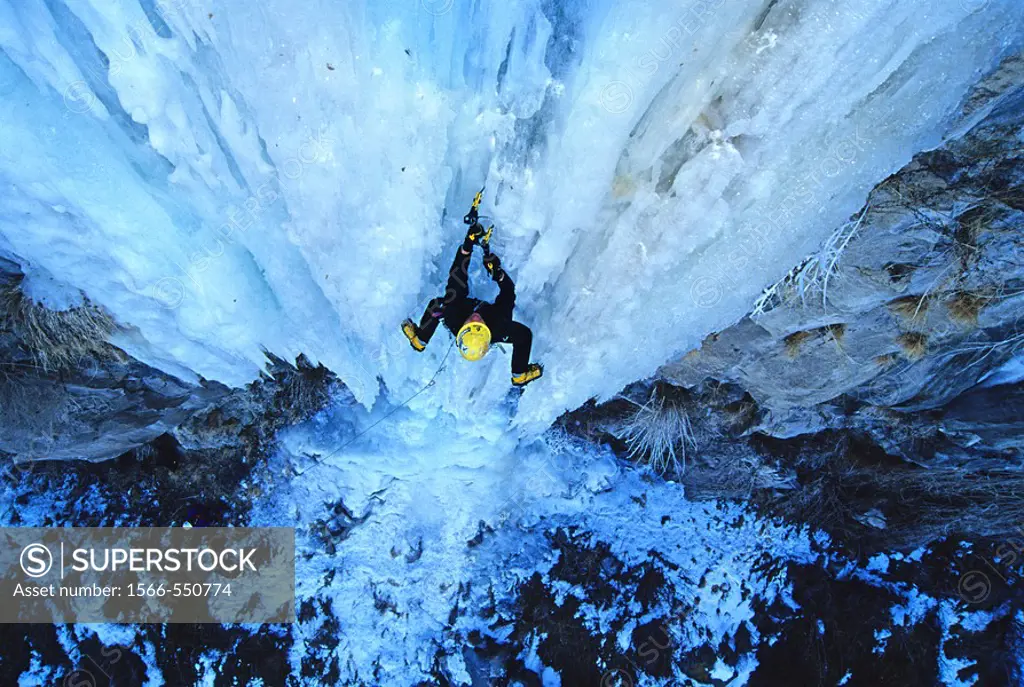Man, ice climbing a route called Neutron at the Mother Lode Area in the Snake River Canyon near the city of Twin Falls, Idaho