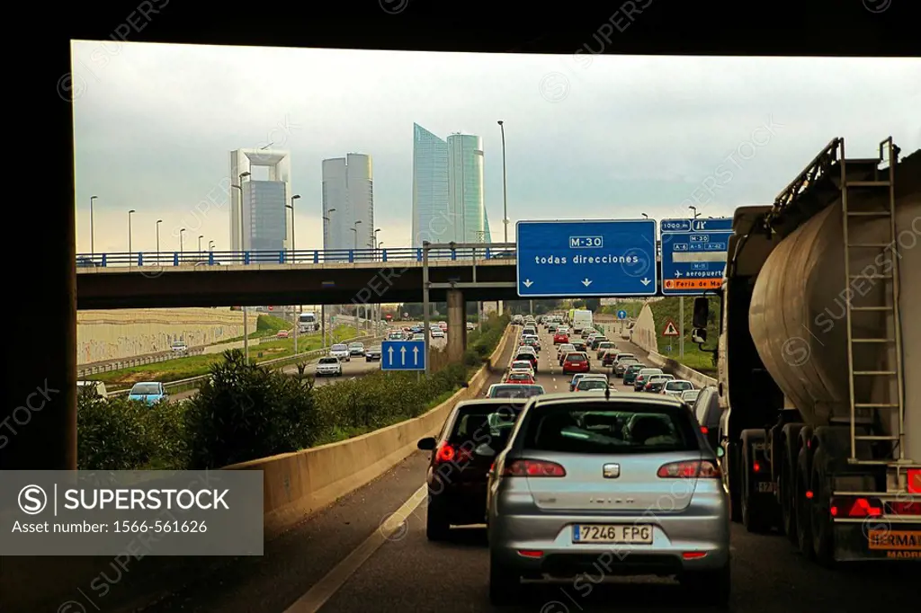 New high rise buildings seen from the NI. A30 highway, Madrid, Spain