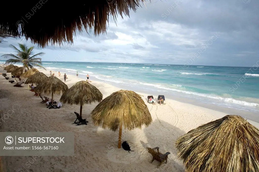 Tourists gather on a beach along the Mayan Riviera in the ancient Mayan city of Tulum in Mexico´s Yucatan Peninsula.