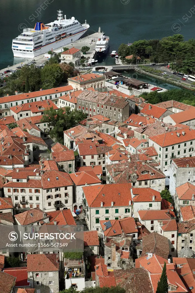 Montenegro, Kotor, old town, bay, cruise ship, general aerial view,