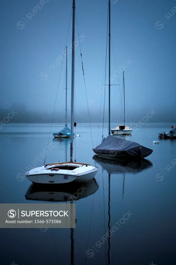 Sailboats on fog shrouded Lake Harriet at dawn