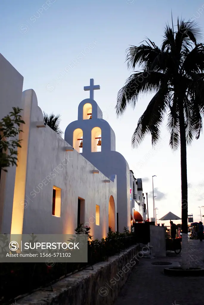 The church bell tower in Playa del Carmen Yucatan Mexico