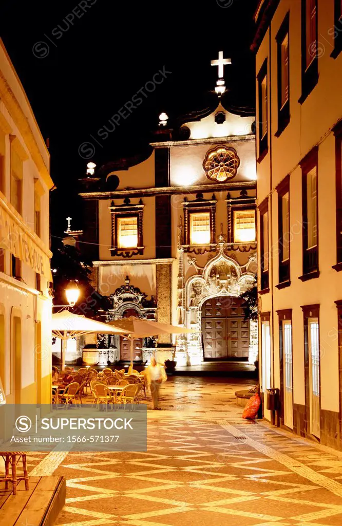 Street cafe in front of main church in Ponta Delgada, the capital of Sao Miguel island in The Azores