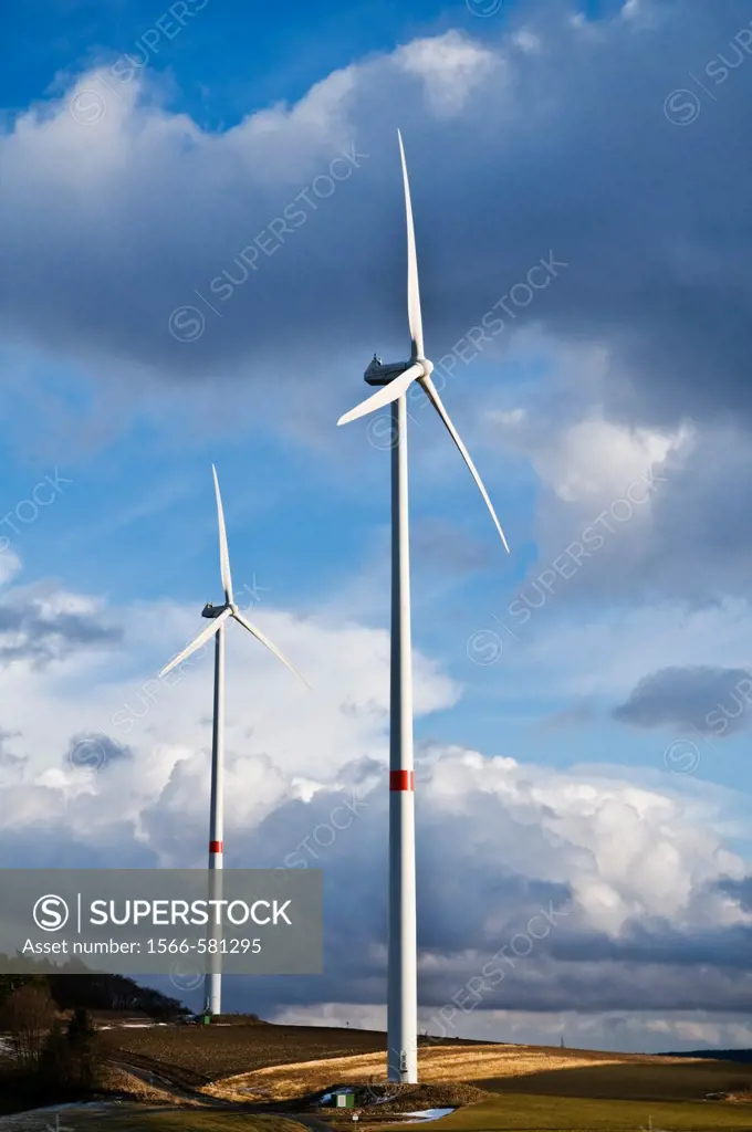 Wind turbines in Bavarian farm field, Franconia, Germany