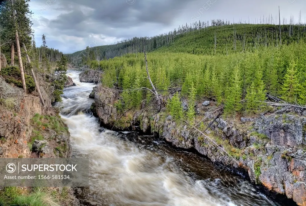 The Firehole River rushes through the Firehole Canyon at Yellowstone National Park, Wyoming