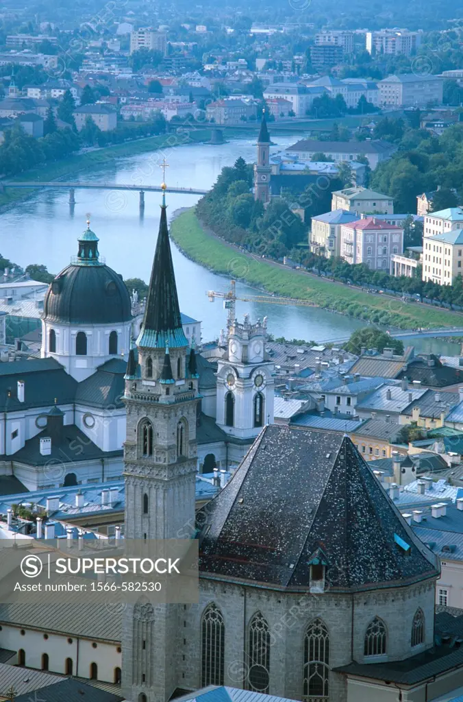 Salzach River and Franciscan Church seen from Hohensalzburg Fortress in Salzburg, Austria