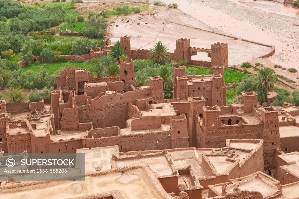View of the Ounila River and the fortified city of Ait Benhaddou Casbah near Ourzazate, Morocco