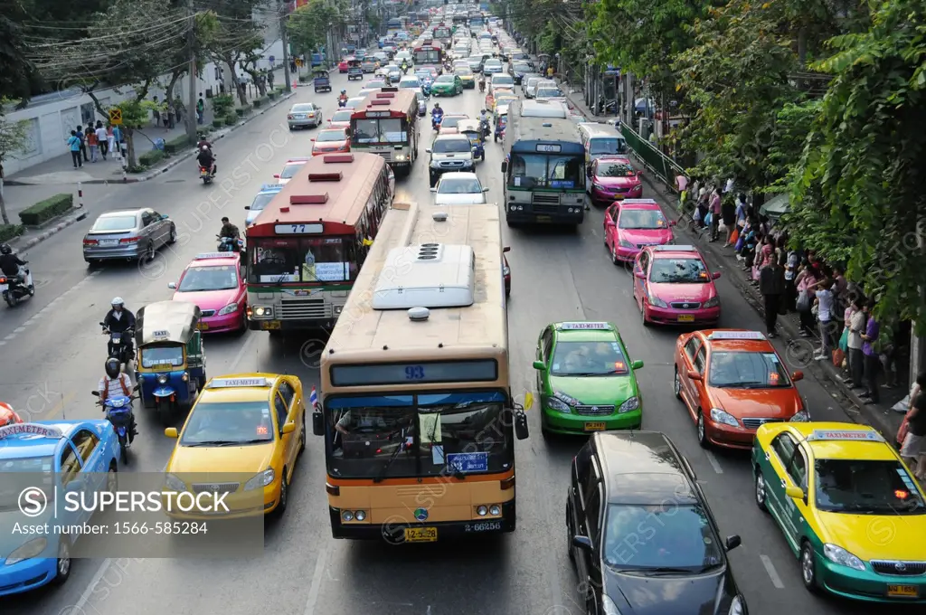Bus is standing in a traffic jam in Bangkok
