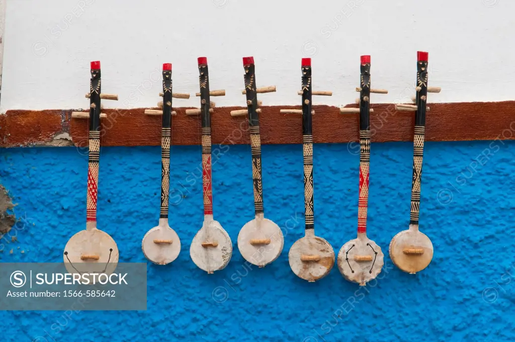 Stringed musical instruments displayed in the Oudayas Casbah in Rabat, Morocco