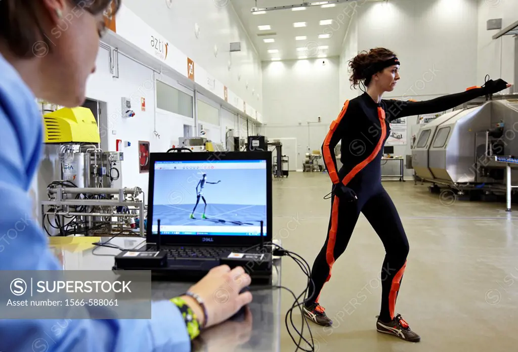 Researcher wearing a full body suit ´Ergomoven´ designed specifically for human motion capture, AZTI-Tecnalia Marine and Food Research Center pilot pl...