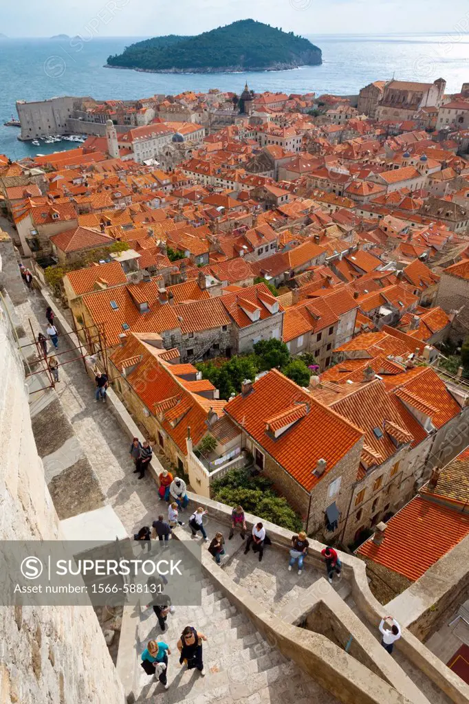 Lokrum Island from the walls of the Old Town of Dubrovnik, Dubrovnik City, Croatia, Adriatic Sea, Mediterranean Sea.