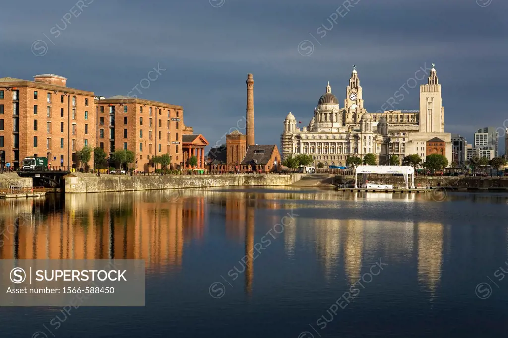 Salthouse Dock  To the right the three graces of Pier Head the Royal Liver Building, The Cunard Building and the Port of Liverpool Building  To the le...
