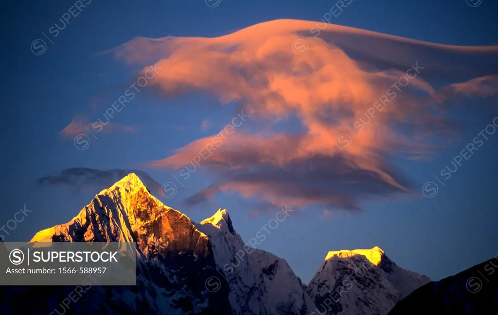 6000 meters high peak seen at sunset from Tengboche monastery on Everest trail, Khumbu region, Nepal