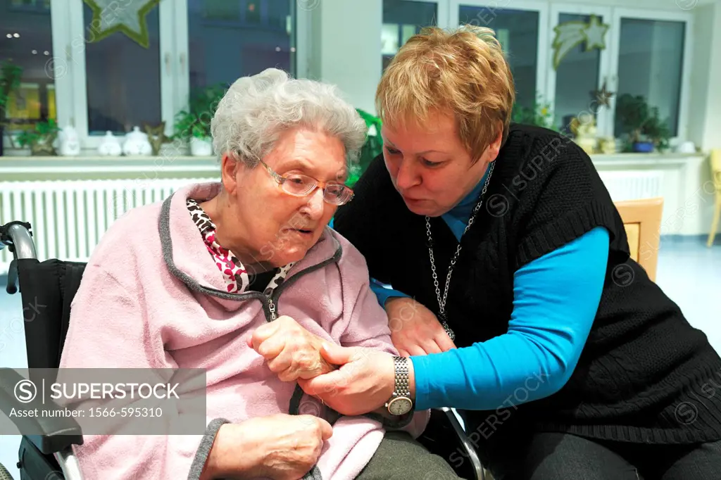 people, physical handicap, old age, retirement home, Altenzentrum der St  Clemens Hospitale in Sterkrade, older woman sitting in a wheel-chair, aged 7...