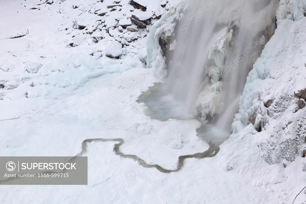 The Krimml waterfalls in the National Park Hohe Tauern during winter in ice and snow  The lower Fall The Krimml waterfalls are one of the biggest tour...