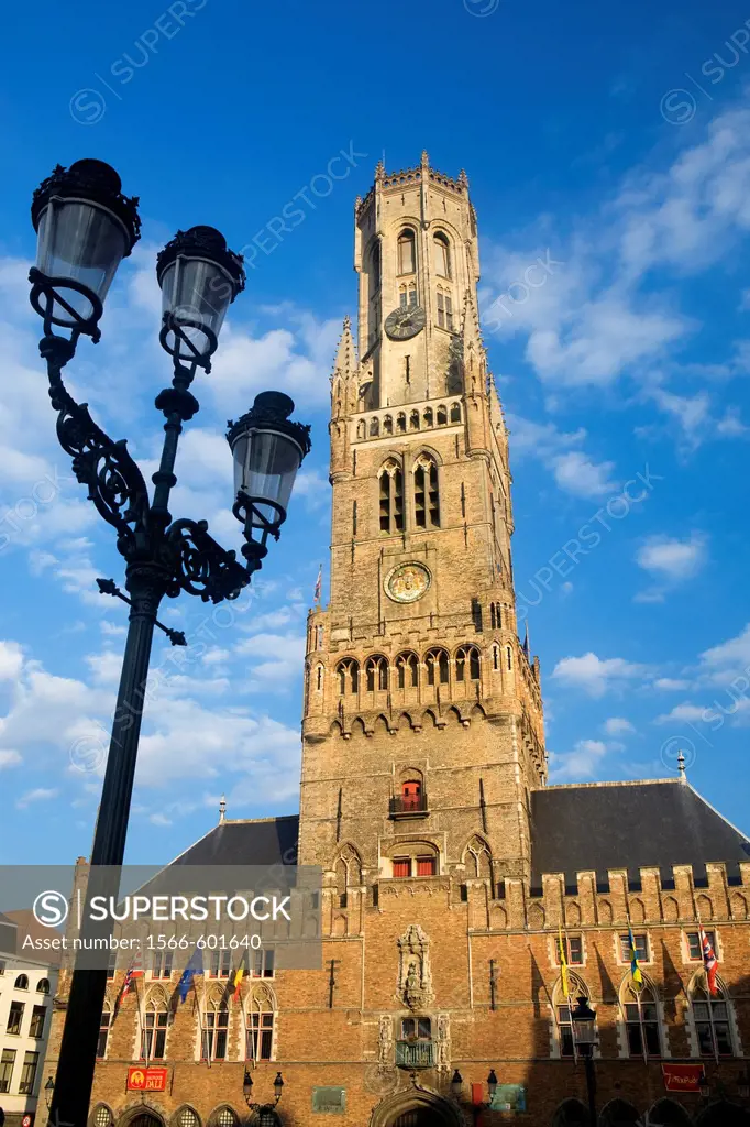 Belfry Tower in Market Square, in the medieval town of Brugge, listed World Heritage Site by UNESCO  Flanders  Belgium