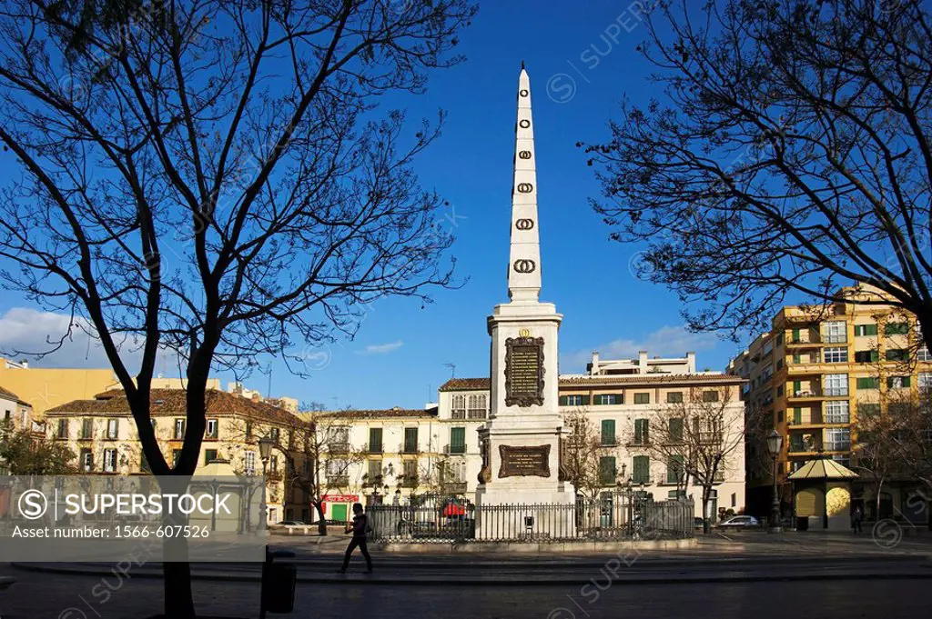 Spain. Andalusia. Malaga. Plaza de la Merced, where Pablo Picasso was born in 1881. Obelisk (built 1842).