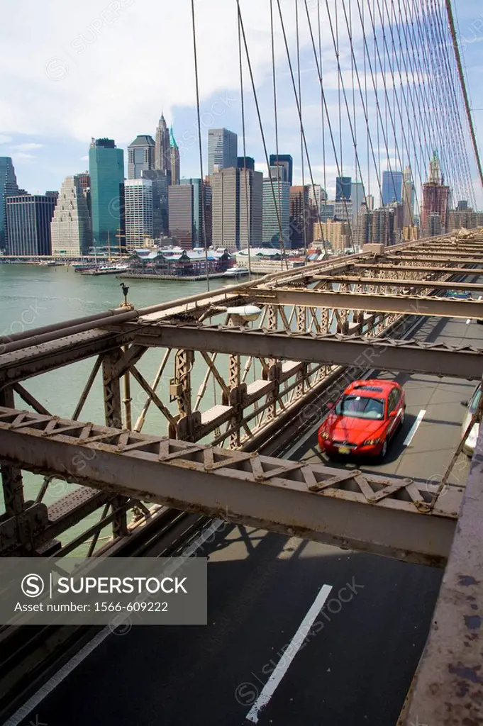 USA, New York skyline from Brooklyn Bridge.