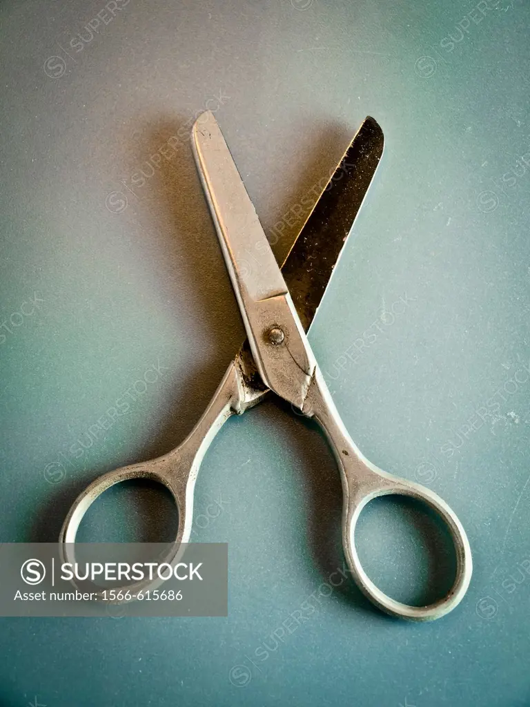 Old scissors on a grey background