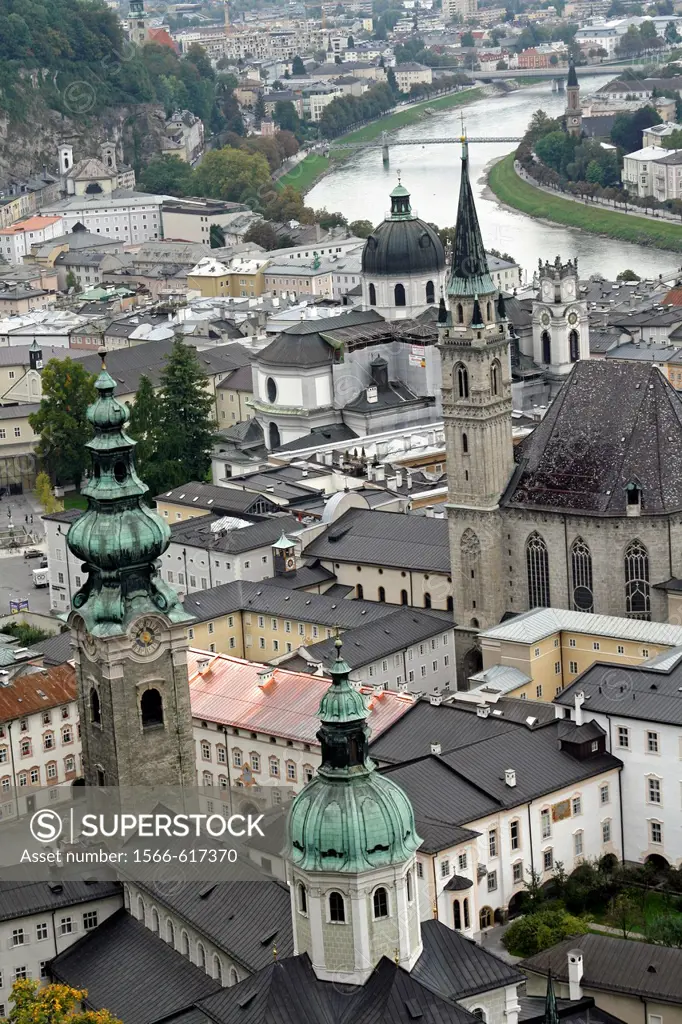 Old view of city from castle including cathedral and Salzach River, Salzburg, Austria