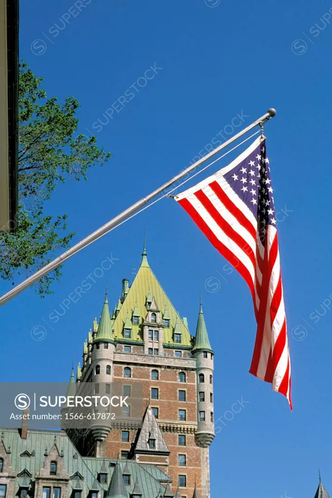 View of the Chateau Frontenac framed by the American flag, Quebec City, Quebec, Canada